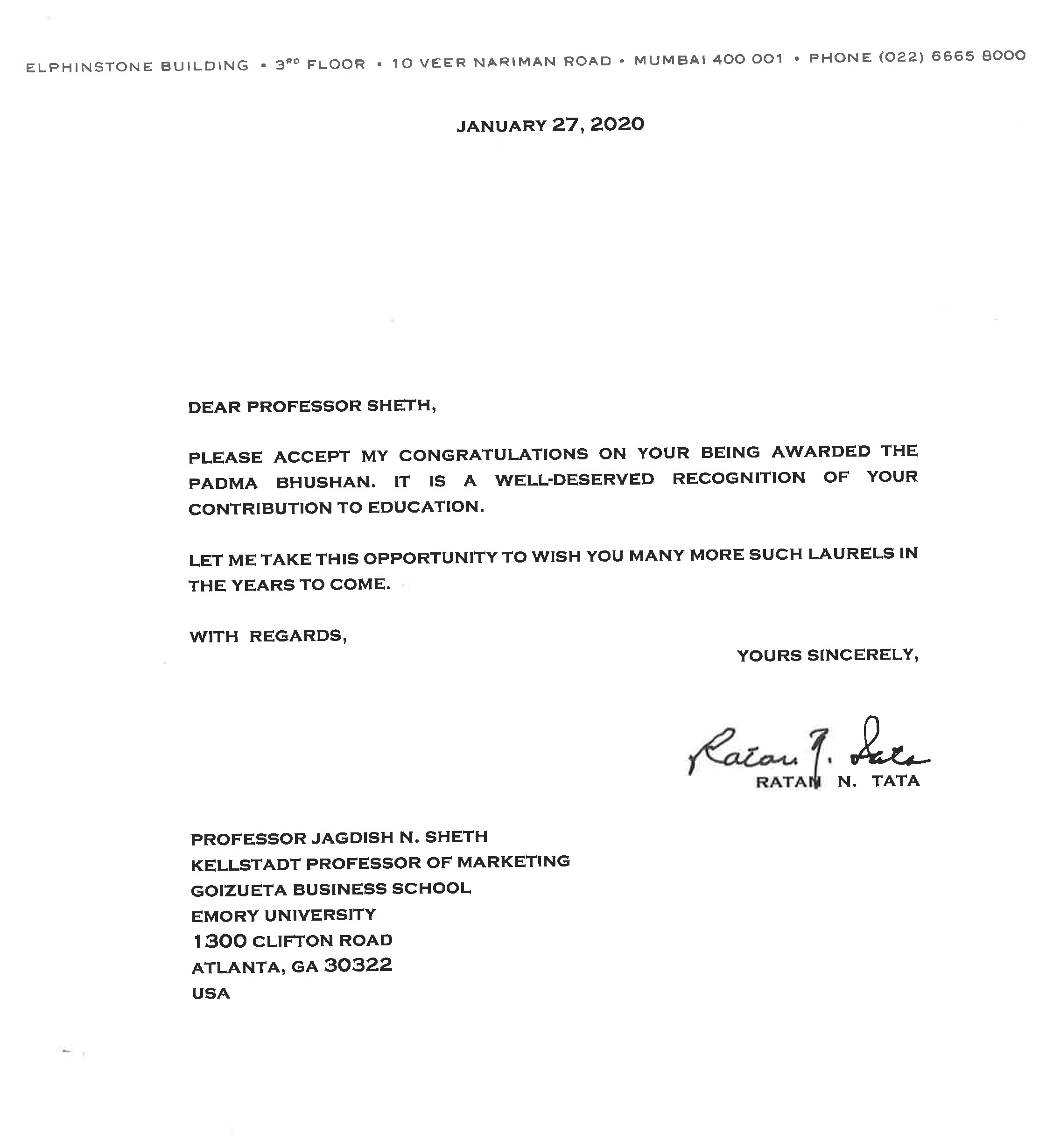 Letter from Ratan Tata Congratulating Dr. Sheth on Receiving the Padma Bhushan Award